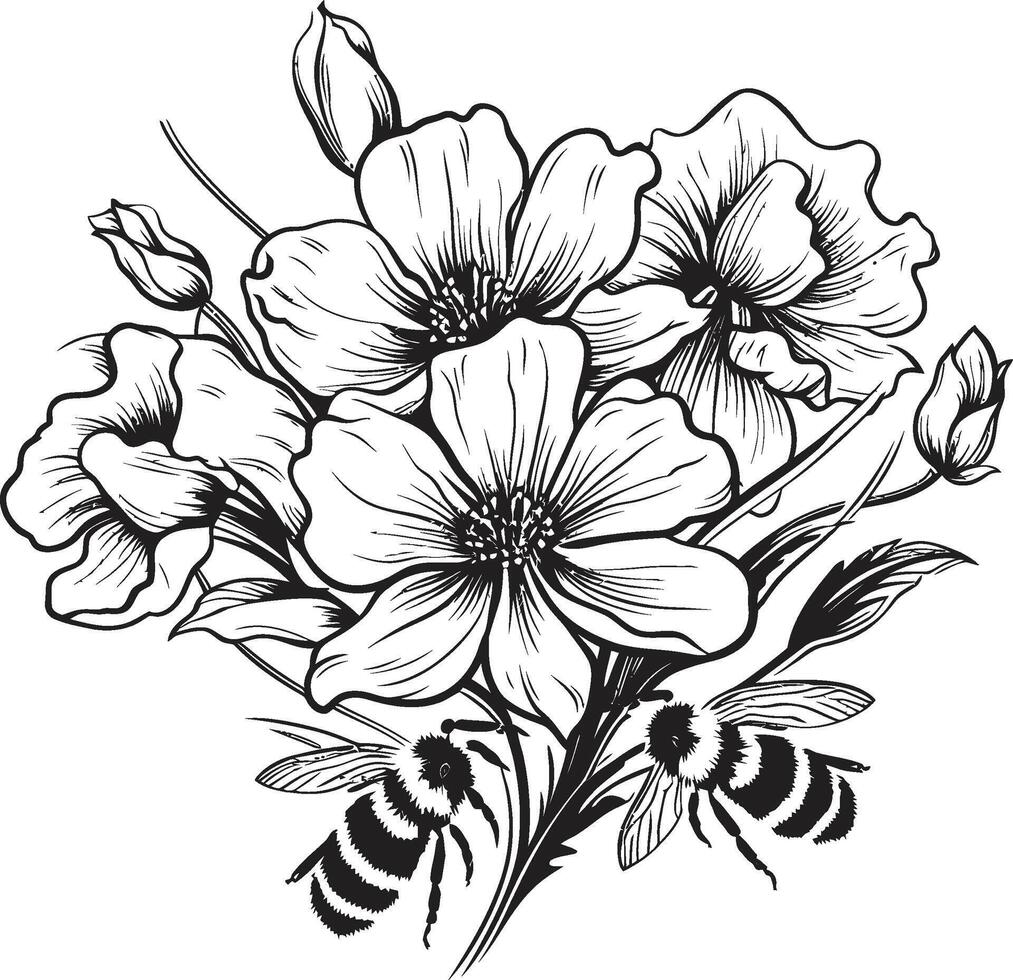 Botanical Ballet Black Logo with Bee Floral Fantasy Minimalist Bee and Flower Emblem vector