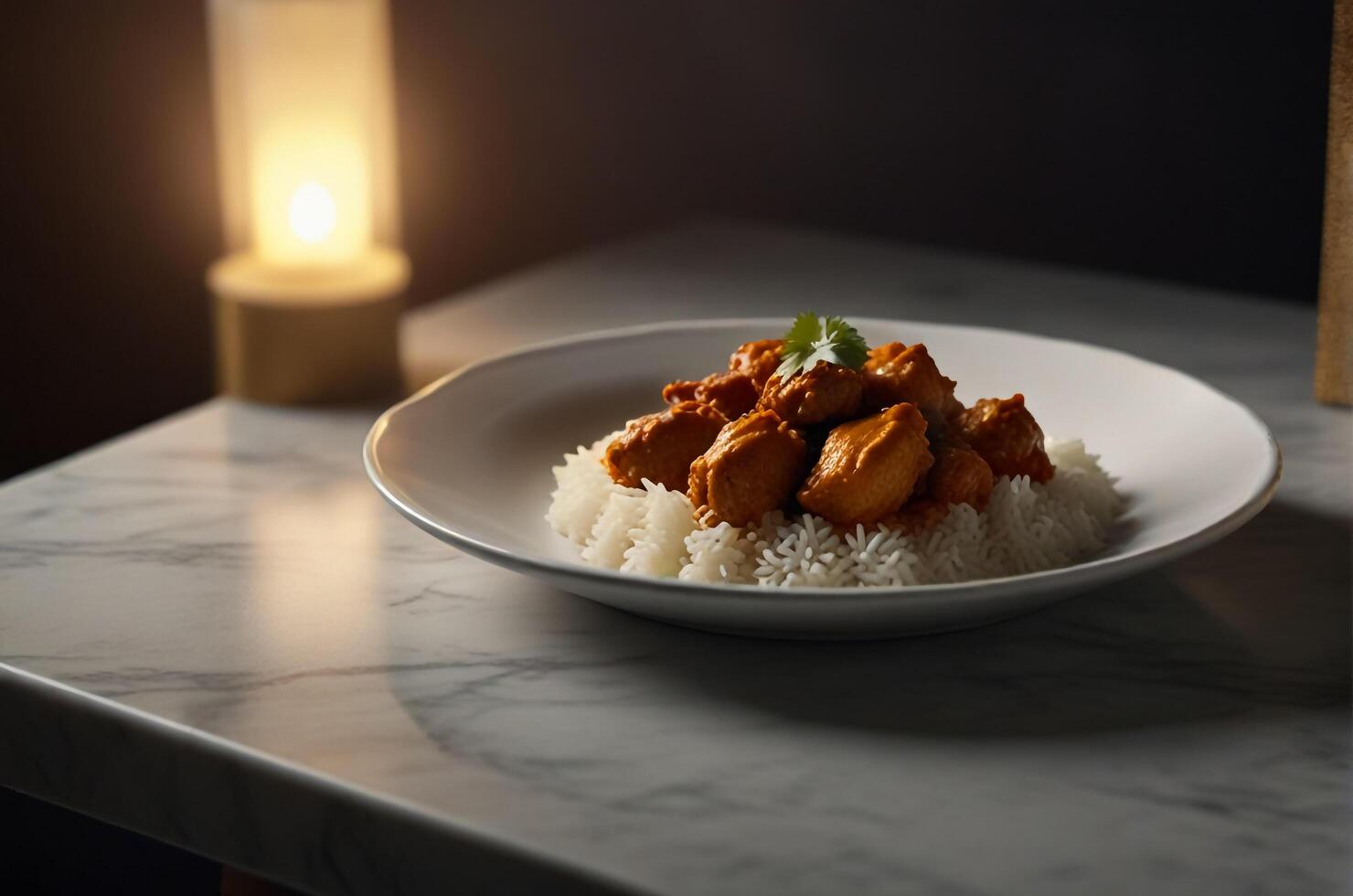 Traditional food Chicken masala with rice on a plate. photo