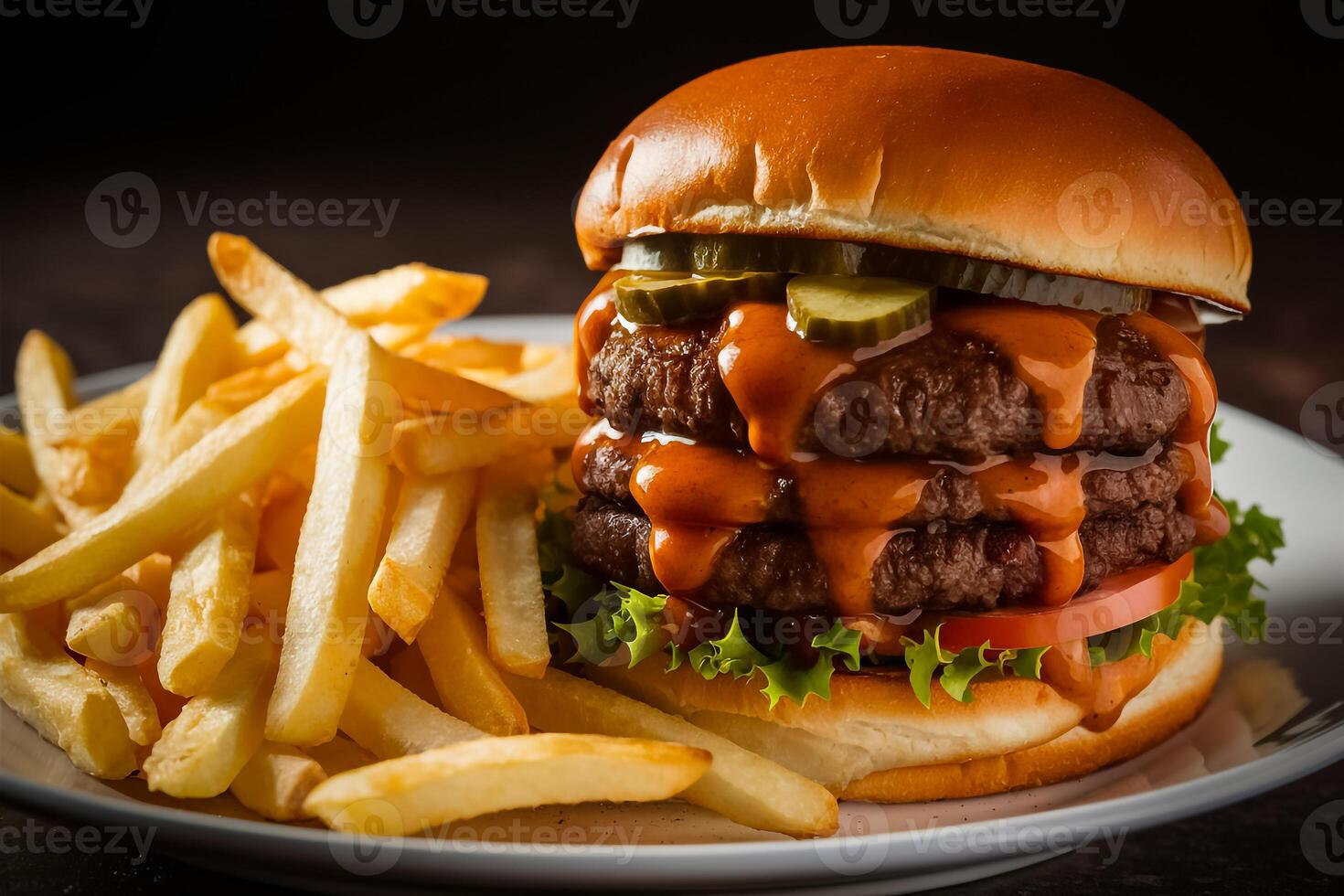 A plate of French fries and a Hamburger on a plate. photo