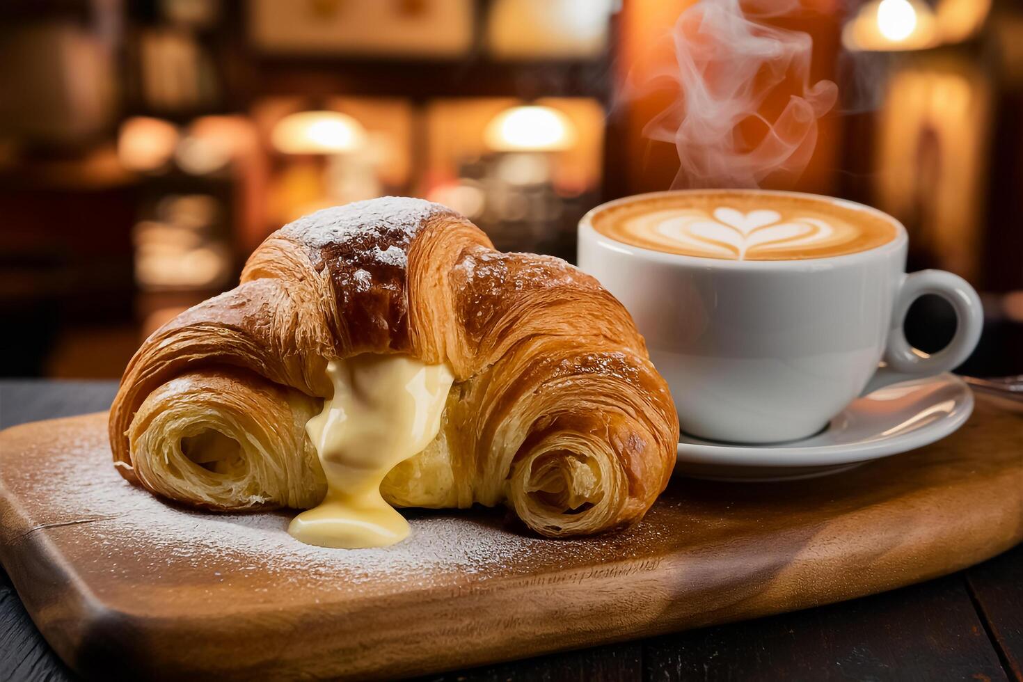 coffee and croissant on wooden table photo