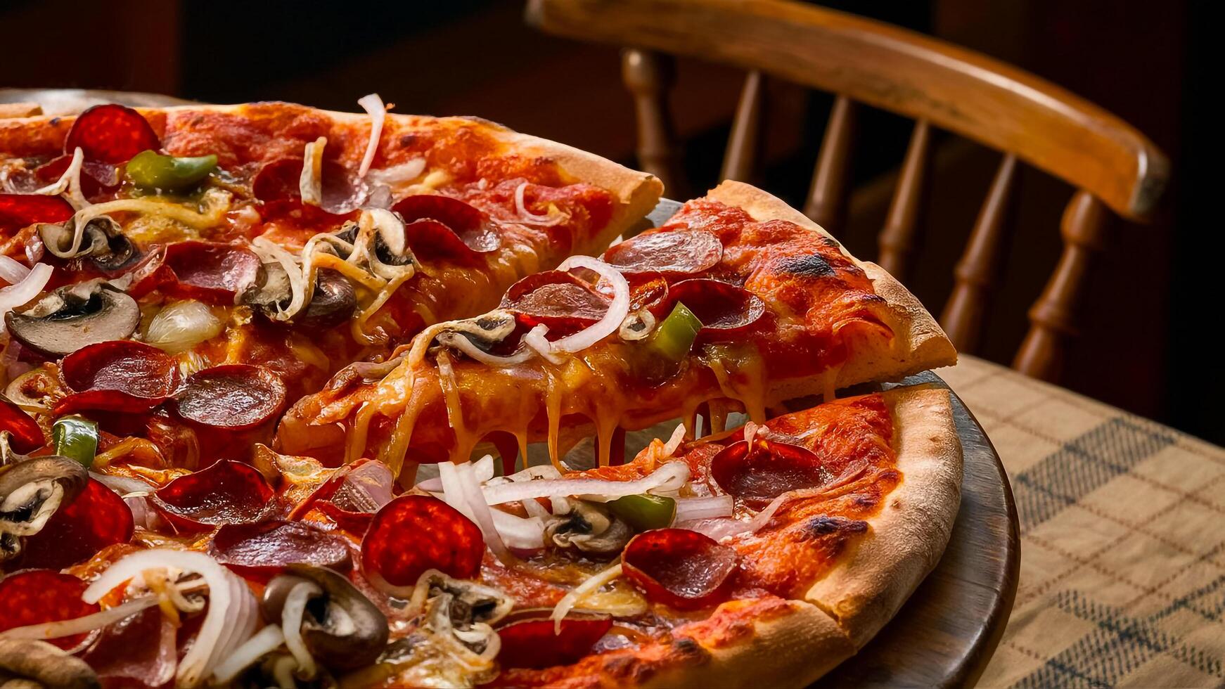 a pizza with pepperoni, mushrooms, onions and peppers photo