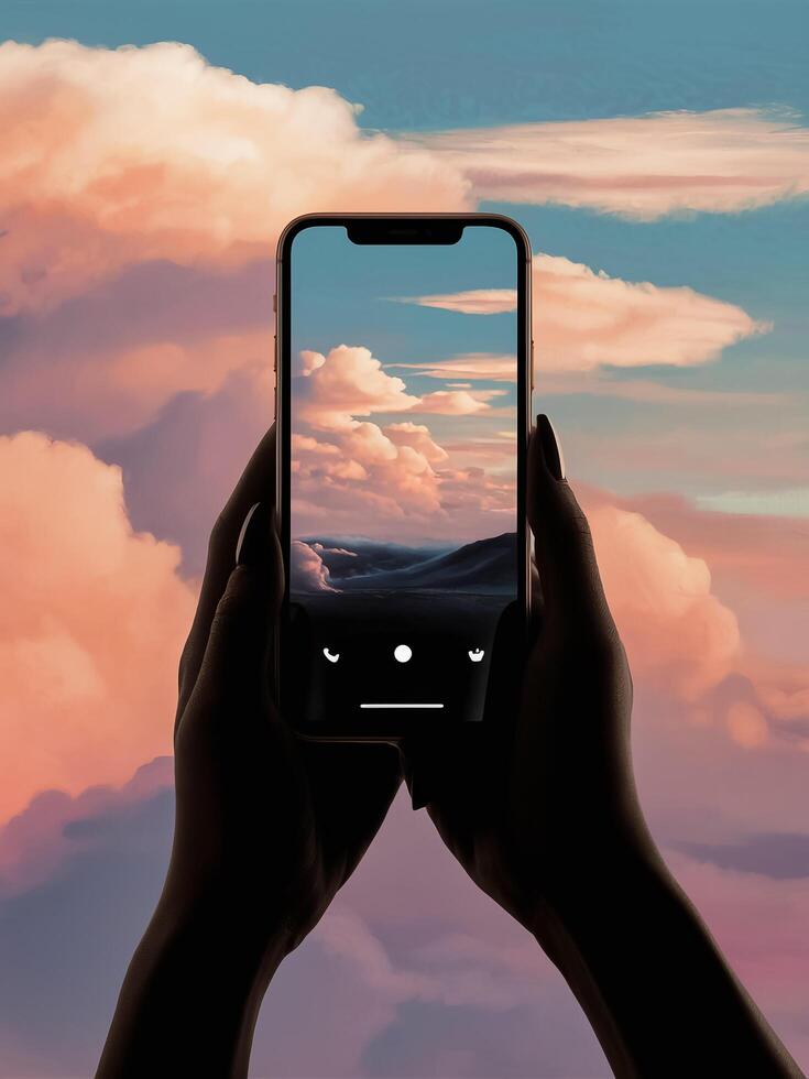a person holding up a phone with a photo of a sunset on it