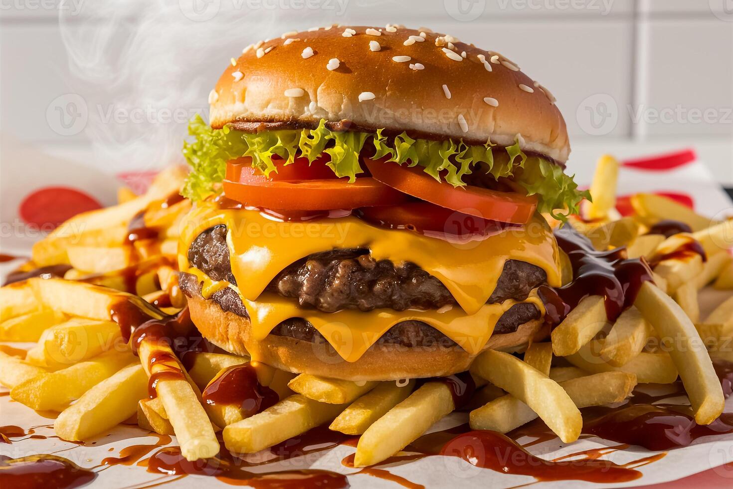 A plate of French fries and a Hamburger on a plate. photo