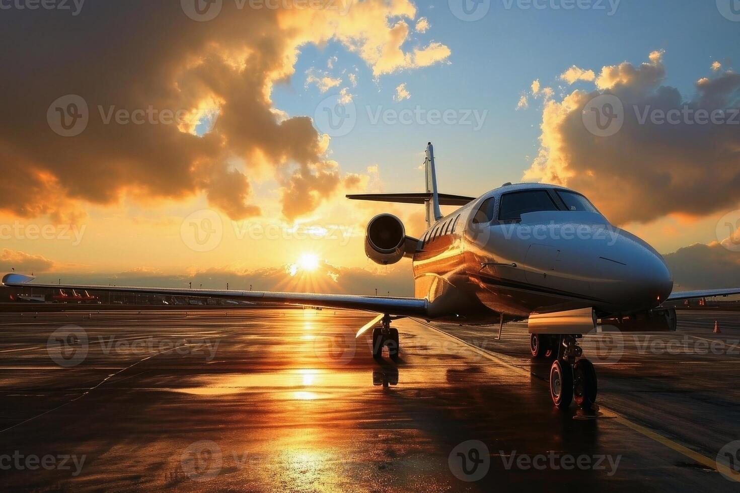 A luxury private jet on the runway at sunset. AI generate photo