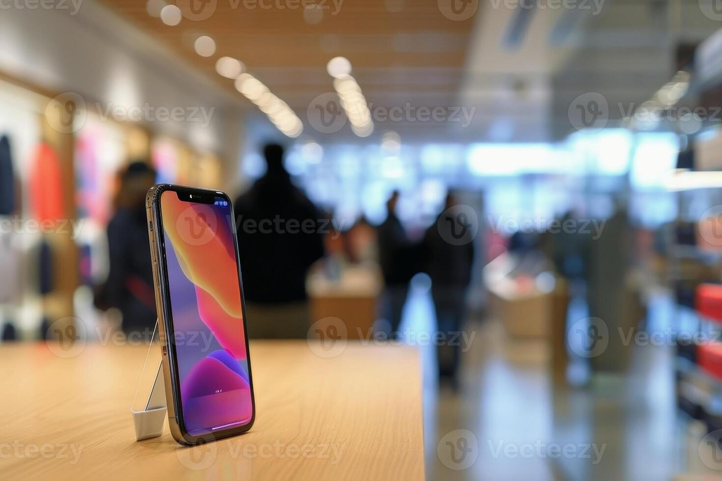 A smart phone store showcasing the latest models with people in the blurred background. AI generate photo