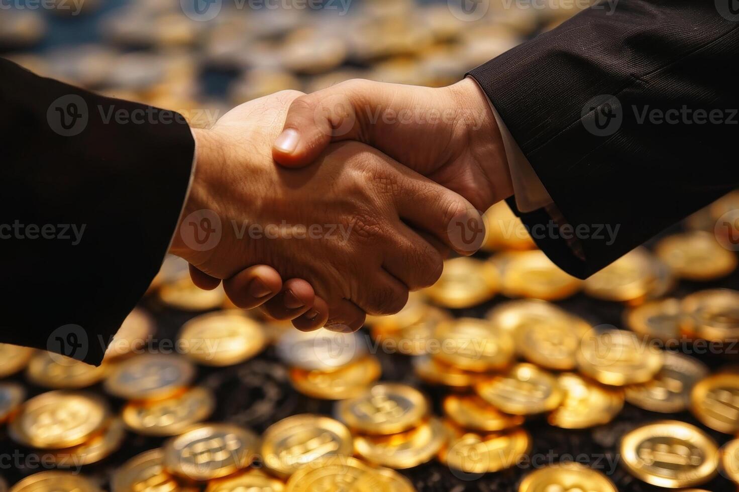 Two hands shaking firmly above a pile of golden Bitcoins.AI generate photo