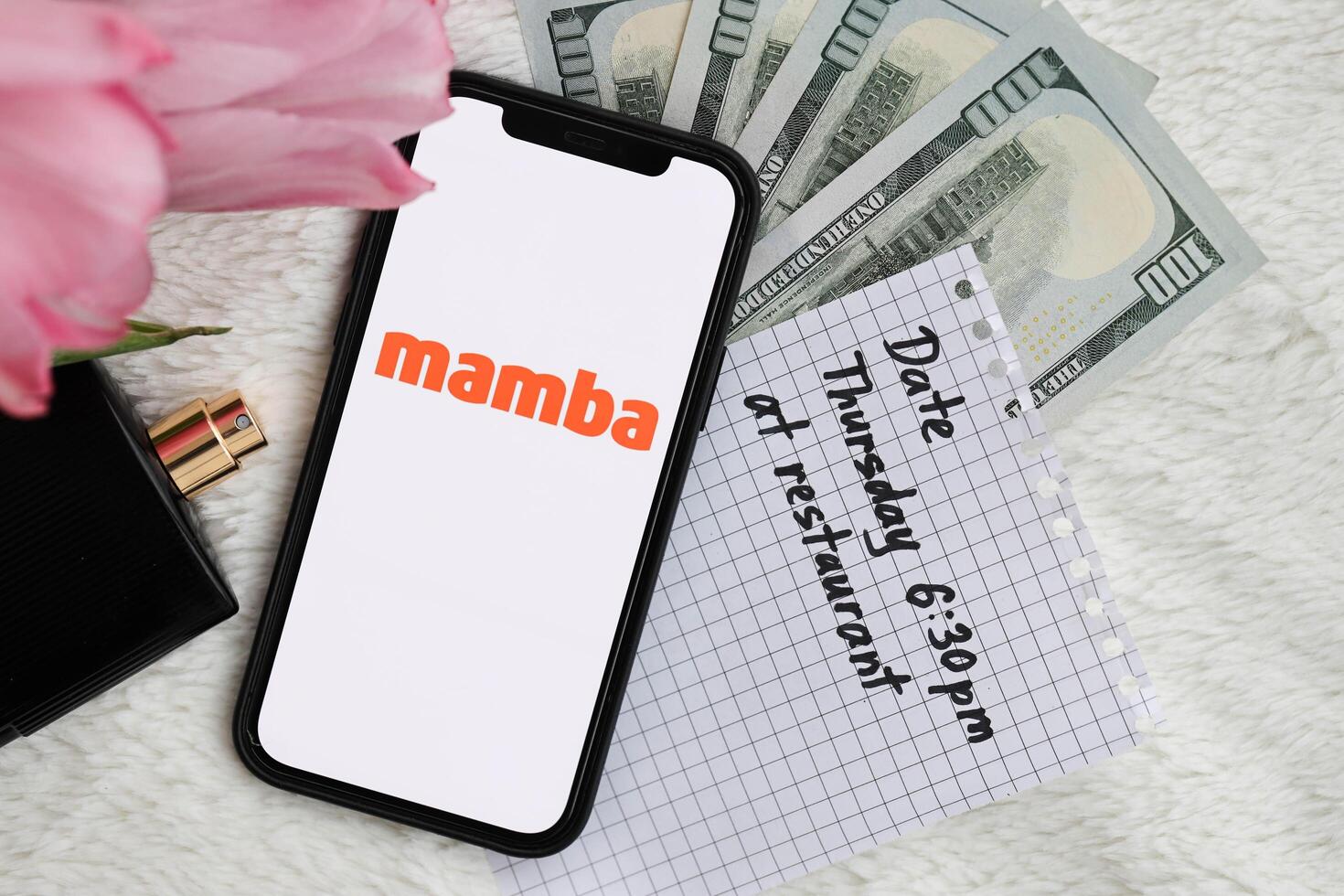 KYIV, UKRAINE - FEBRUARY 23, 2024 Mamba logo of famous dating website or app on iPhone display photo