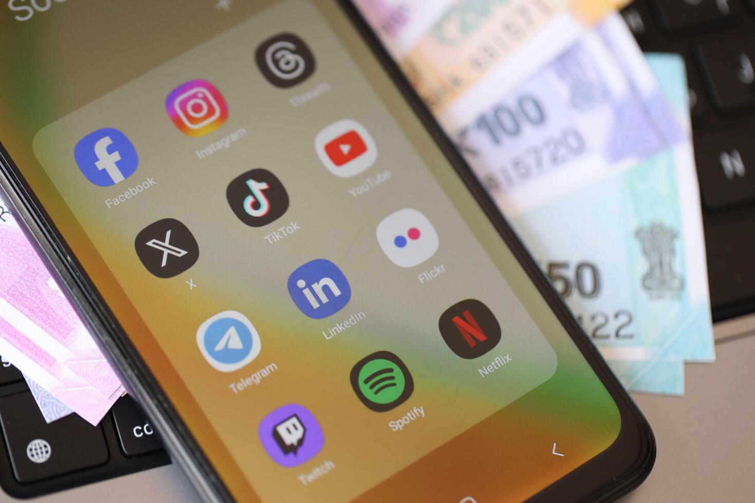 KYIV, UKRAINE - FEBRUARY 28, 2024 Social Media icons group on Galaxy A04s smartphone display photo