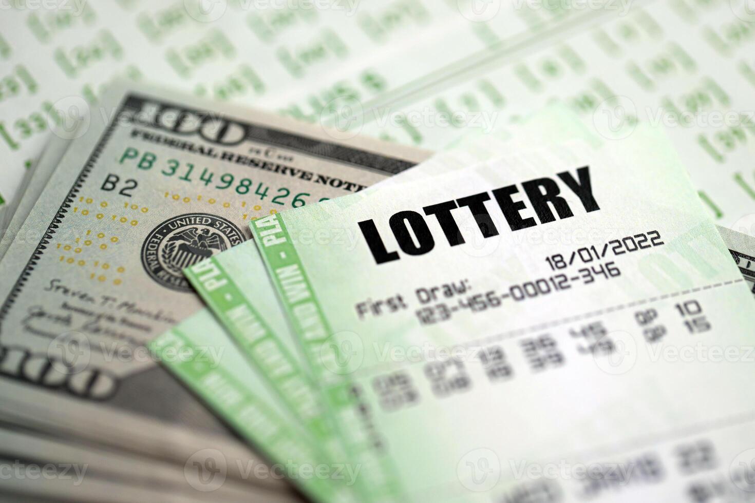 Green lottery tickets and US money bills on blank with numbers for playing lottery photo