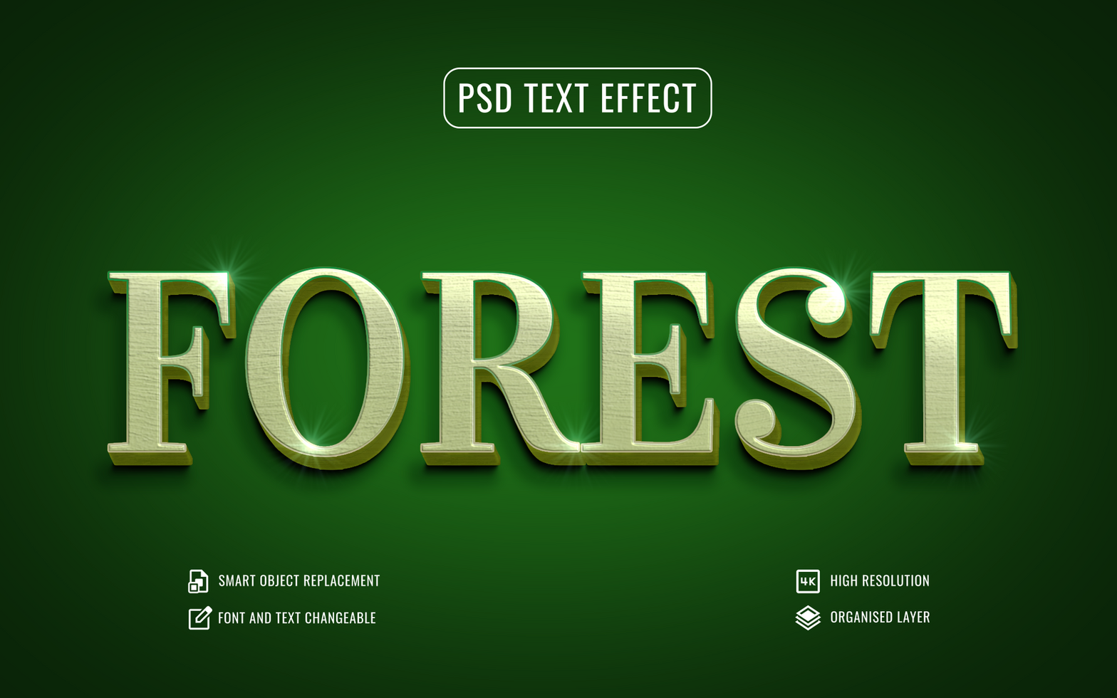 forest text effect with gold text on green background psd