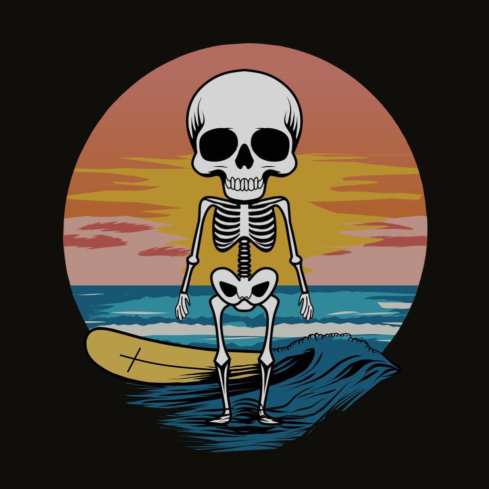 Surfing skeleton skull with surf board in ocean wave summer vintage retro logo badge illustration vector