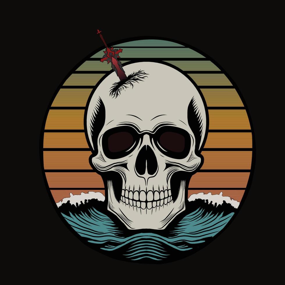 Summer skull with sunset view in the beach hand drawing illustration vector