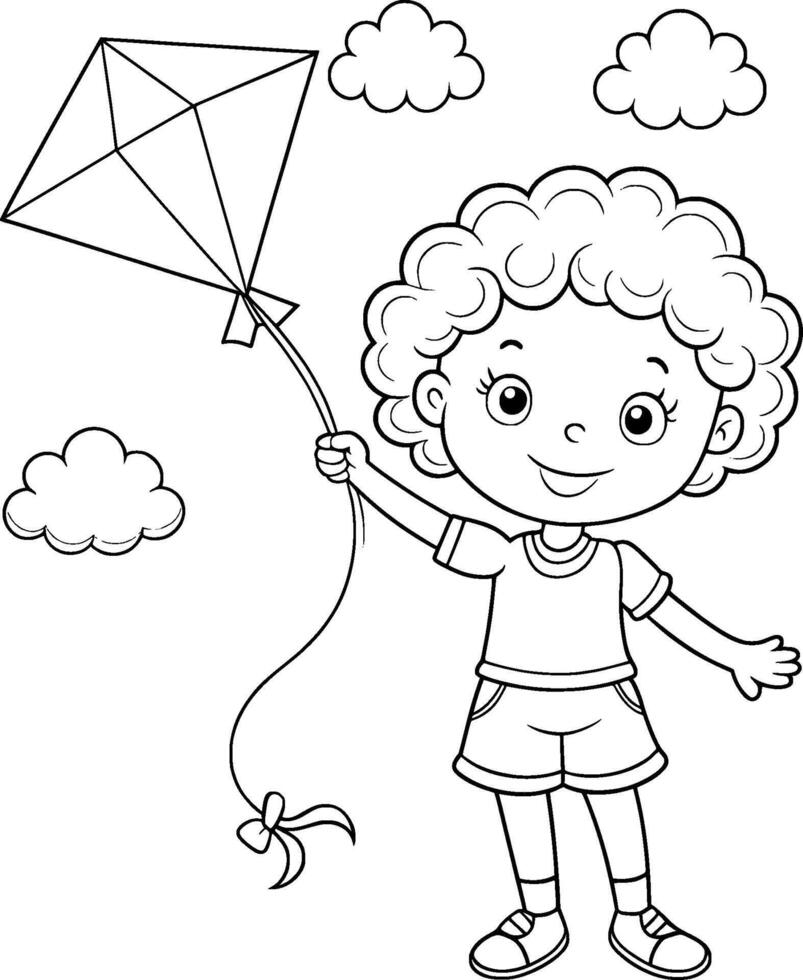 Colouring Page - African American Girl with a Kite - Black and White Line Art vector