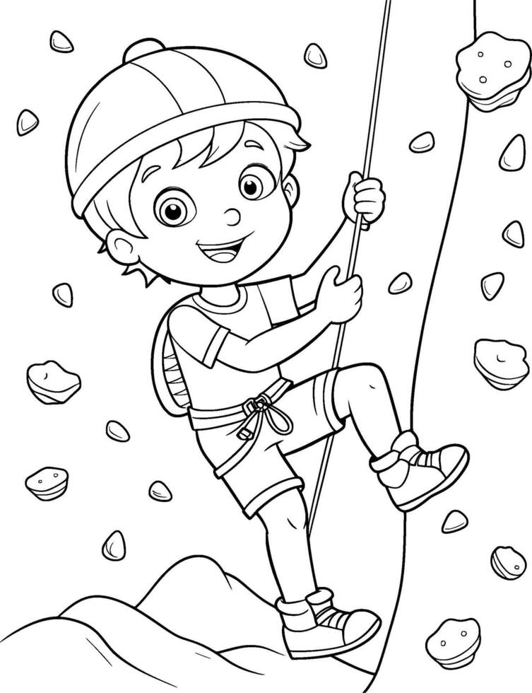 Colouring Page for Kids - Boy Doing Rock Climbing - Black and White