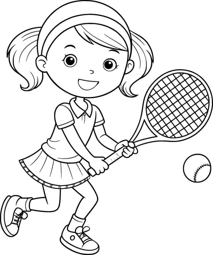 Coloring Page for Kids - Girl Playing Tennis - Black and White Line Art vector