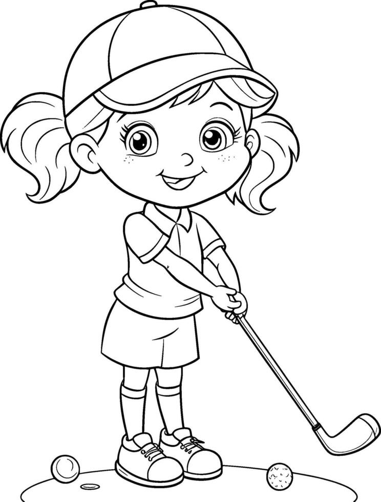 Coloring Page for Kids - Girl Playing Golf - Black and White Line Art vector