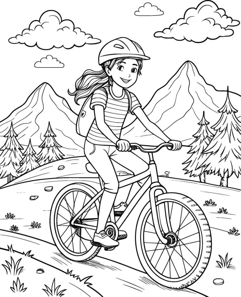 Coloring Page for Kids - Teenage Girl Mountain Biking - Black and White Line Art vector