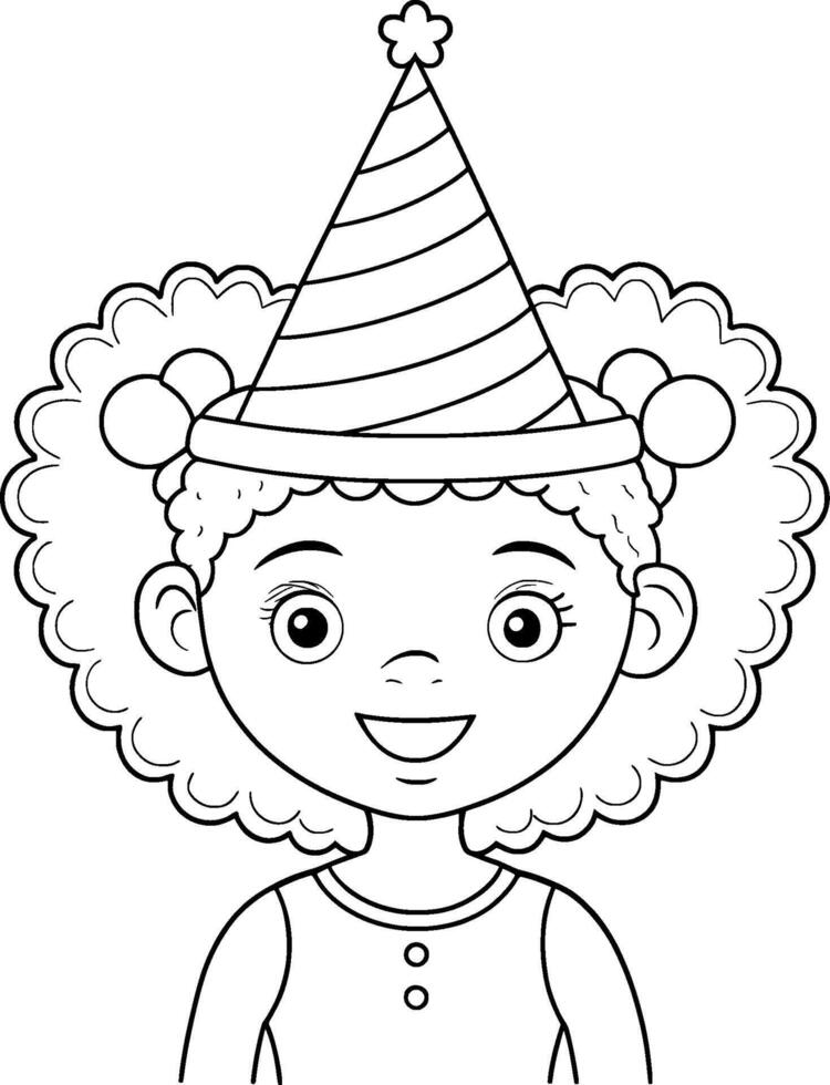 Colouring Page for Kids - African American Girl with Birthday Cake - Black and White Line Art vector