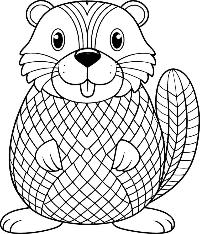 Colouring Page for Kids - Beaver - Black and White Line Art vector