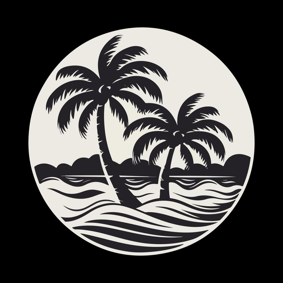 palm tree and ocean in black outline vector