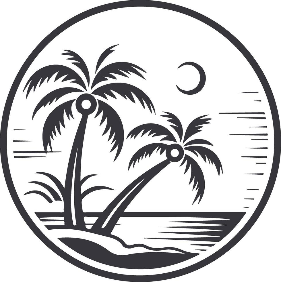 palm tree and ocean in black outline vector