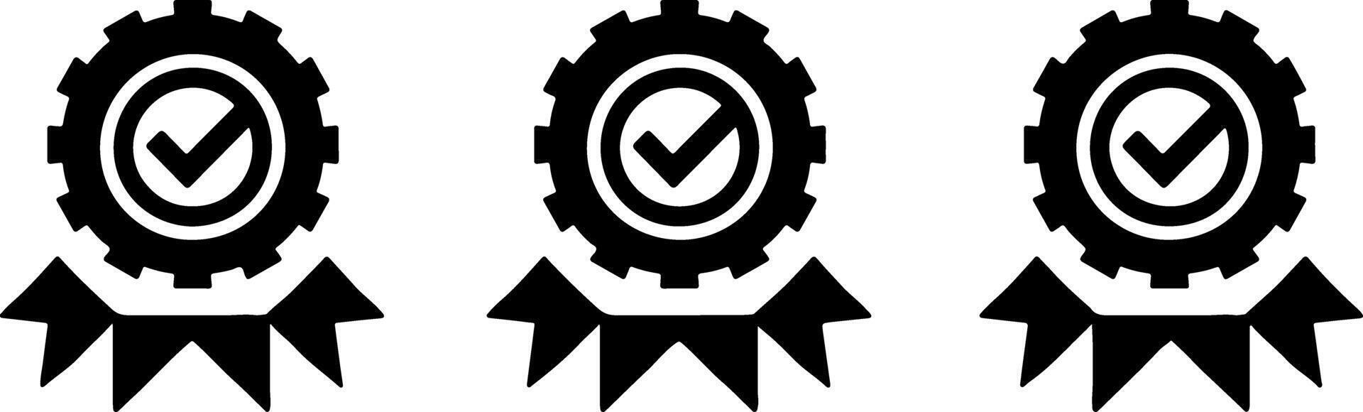 Three black icons of an award ribbon with a check mark on a white background vector