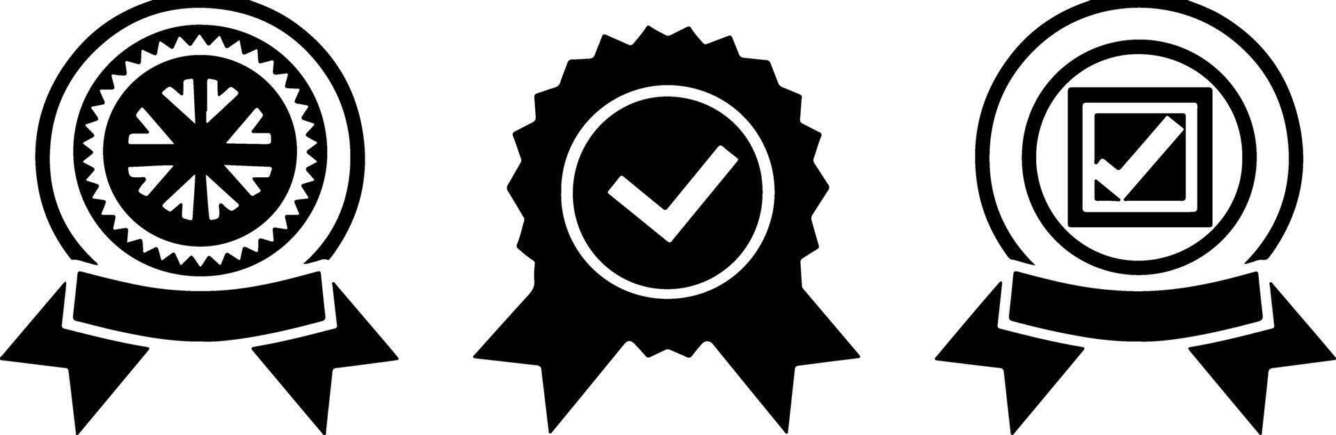 Three black icons of an award ribbon with a check mark on a white background vector