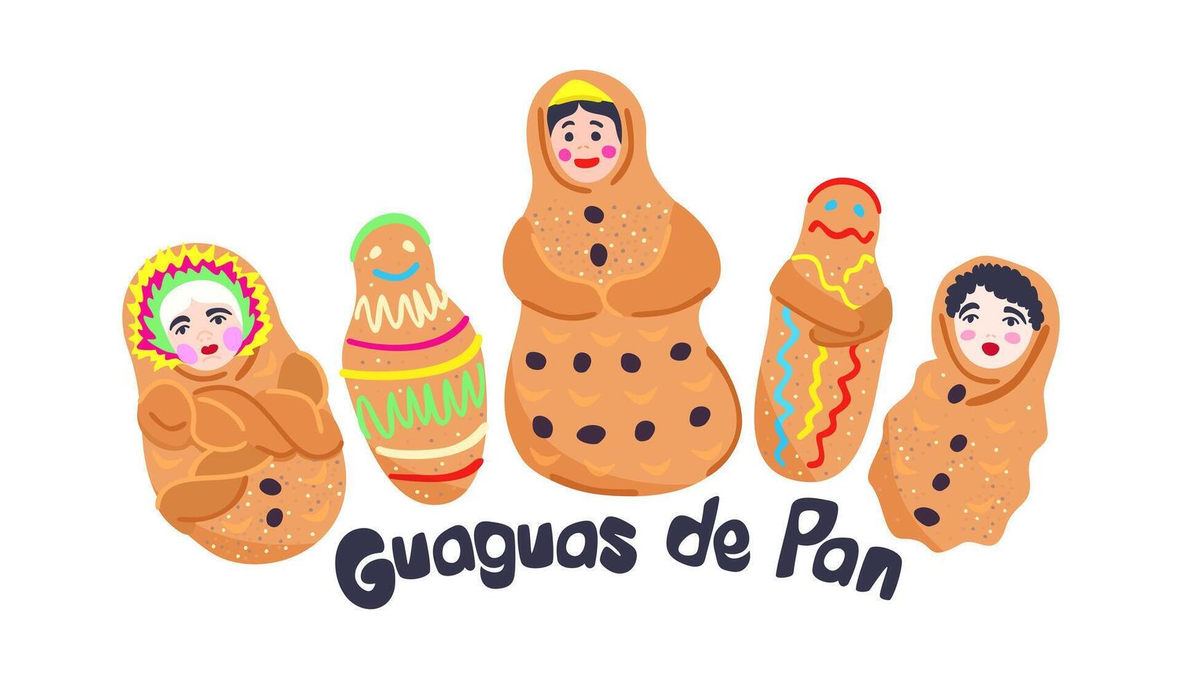 Guaguas de pan. Bread baby. Traditional Ecuadorian dish. Sweet bread shaped and decorated in form of small child. Bread for Day of the dead vector