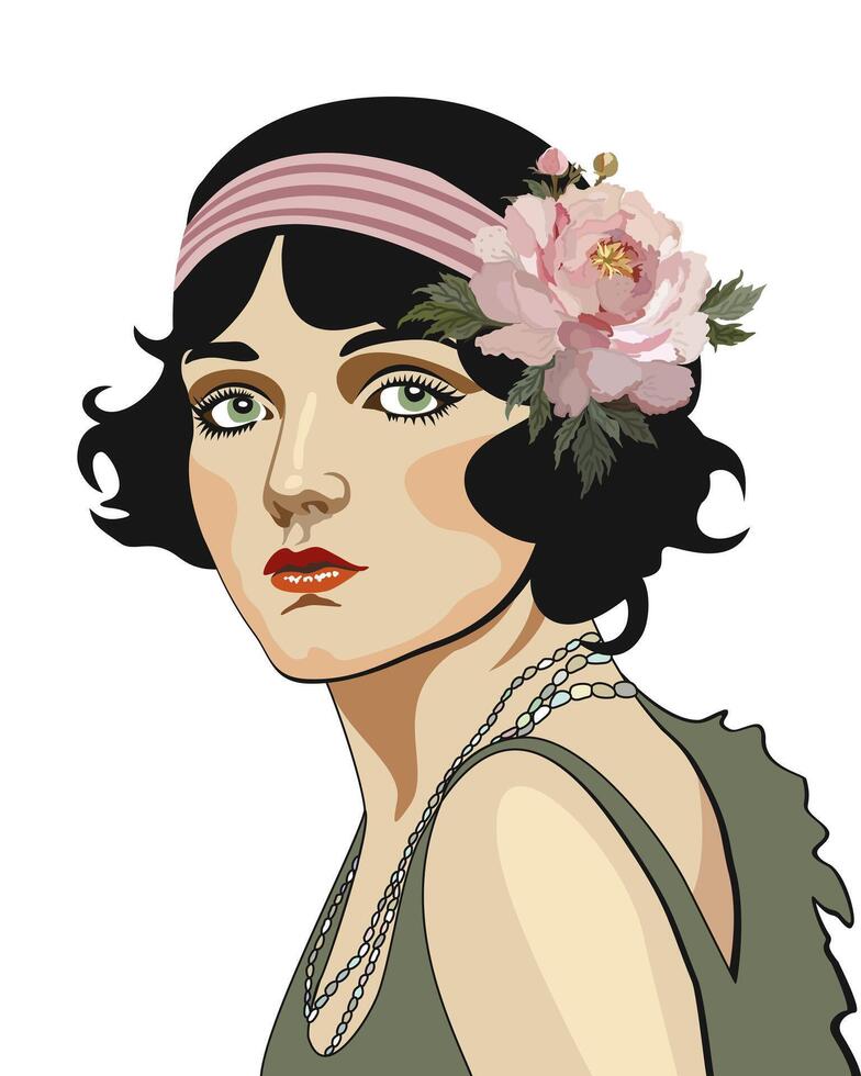 Flapper girl. Art deco vintage portrait. isolated on white background vector