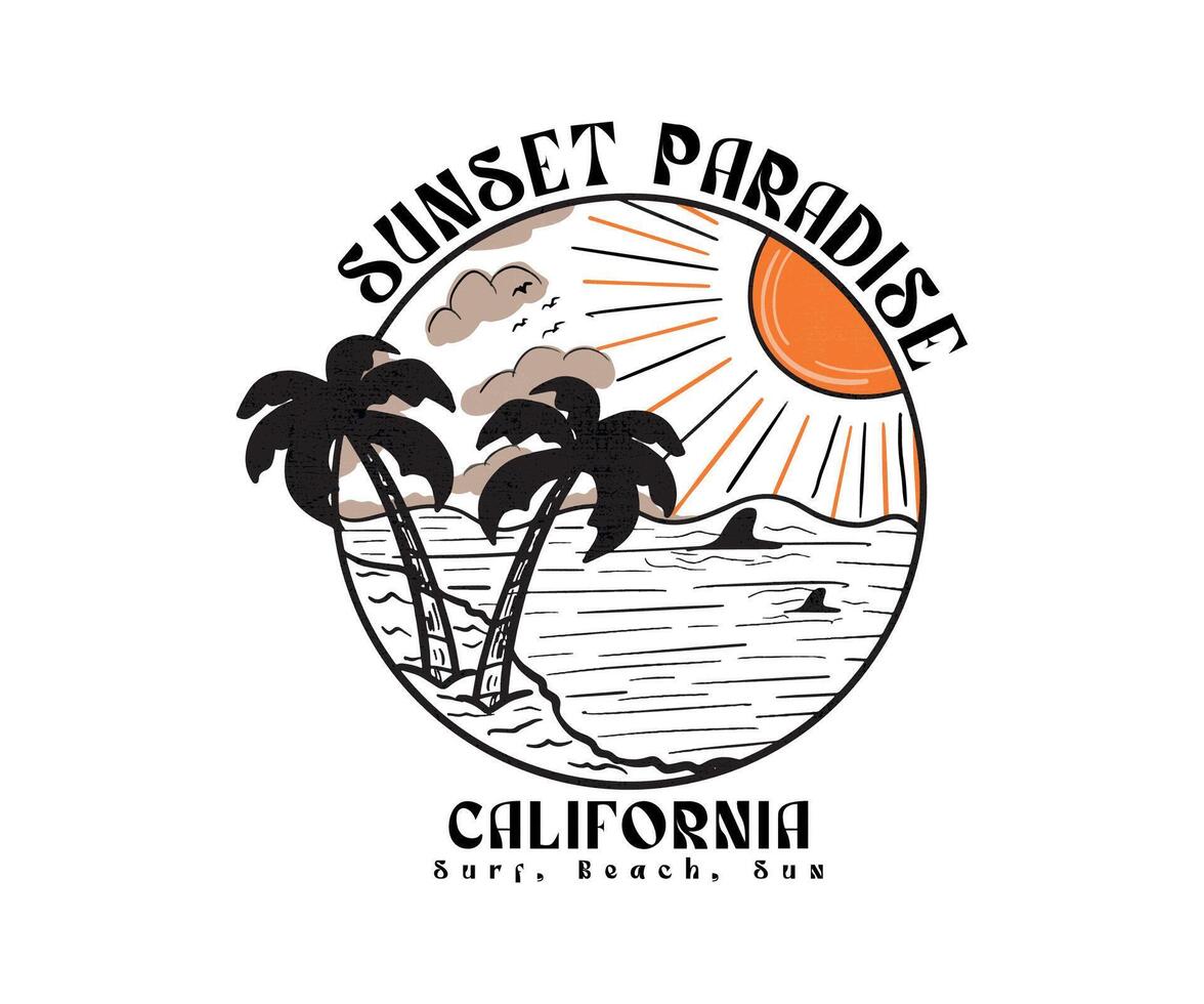 Sunset Beach Paradise. Sunset Summer Palm Trees, California beach graphic print design for t shirt, poster, sticker and others. Summer Vibes, Surf, Beach, Sun. vector