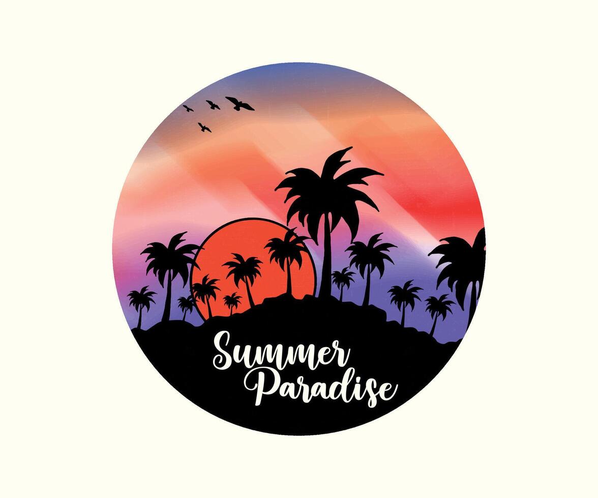 Surfing Summer Paradise. Sunset Summer Palm Trees, California beach graphic print design for t shirt, poster, sticker and others. vector
