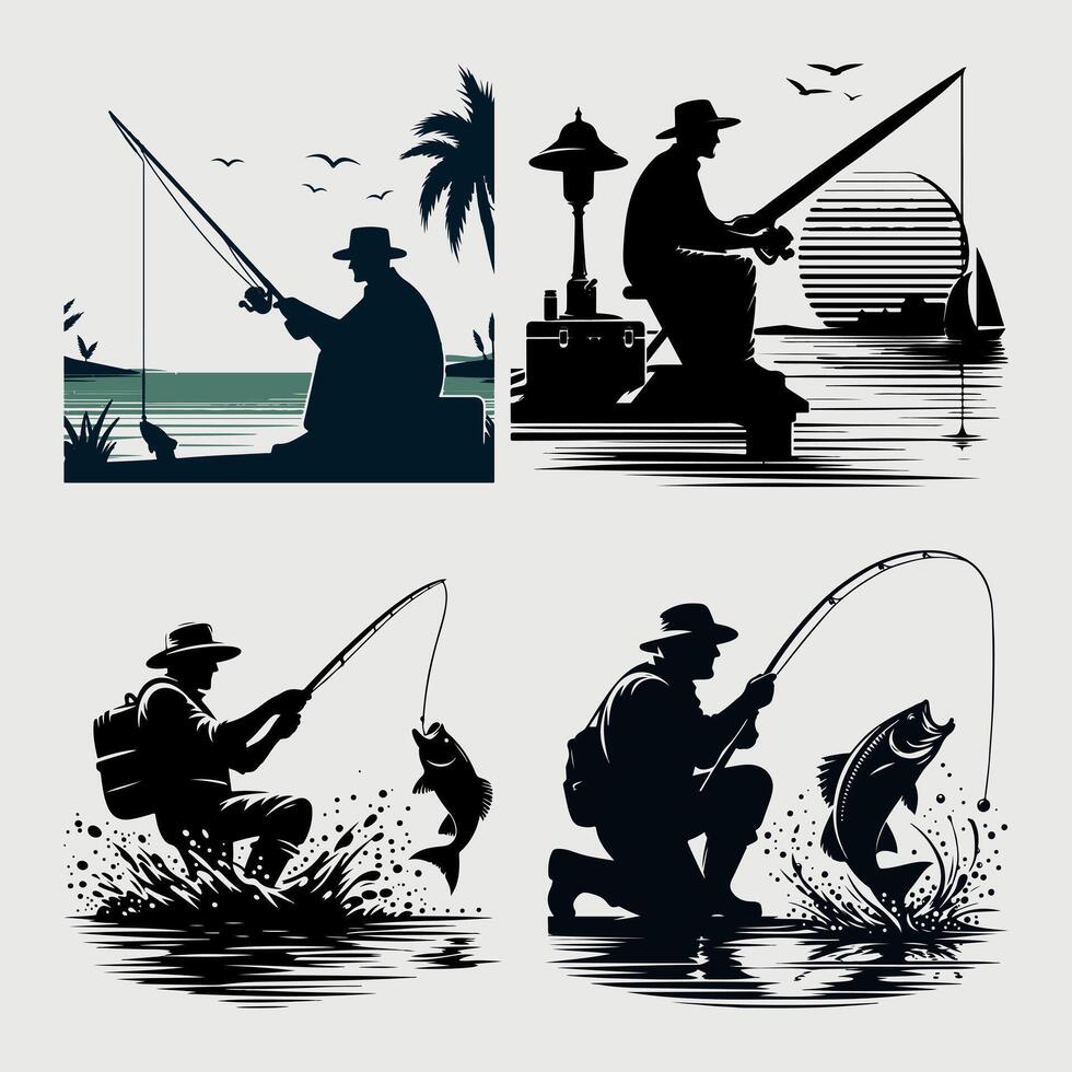 Fishing silhouette Flat design fish, fisherman vector