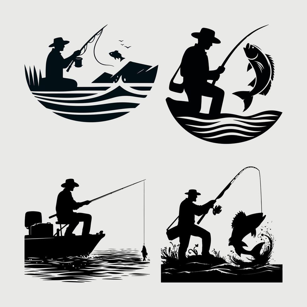 Fishing silhouette Flat design fish, fisherman vector