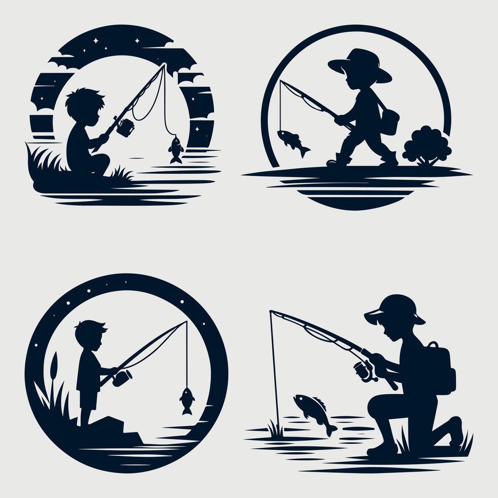 Fishing silhouette Flat design fish, fisherman vector