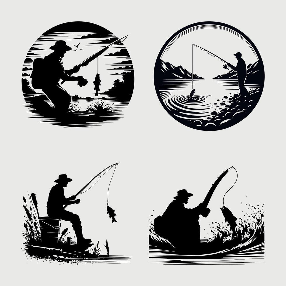 Fishing silhouette Flat design fish, fisherman vector
