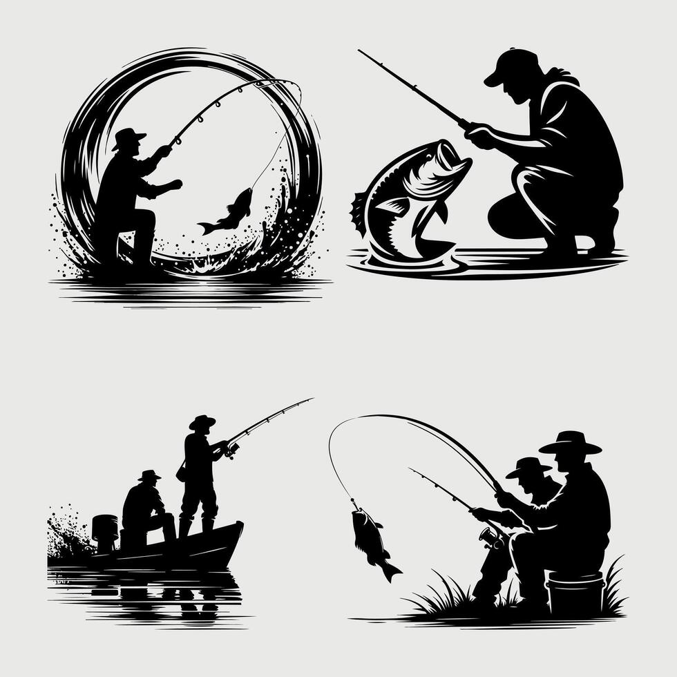 Fishing silhouette Flat design fish, fisherman vector