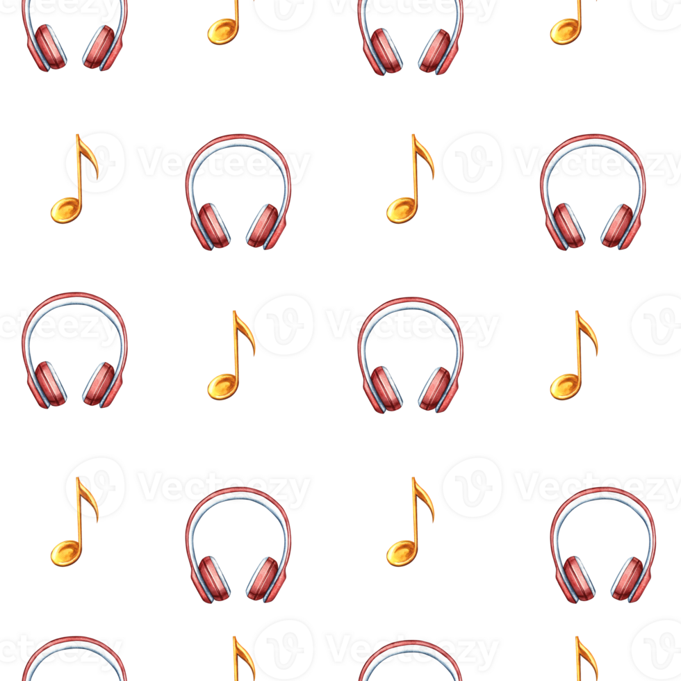 Musical seamless pattern with headphones and notes. The watercolor illustration is made by hand. For textiles, packaging paper, printing and more. png