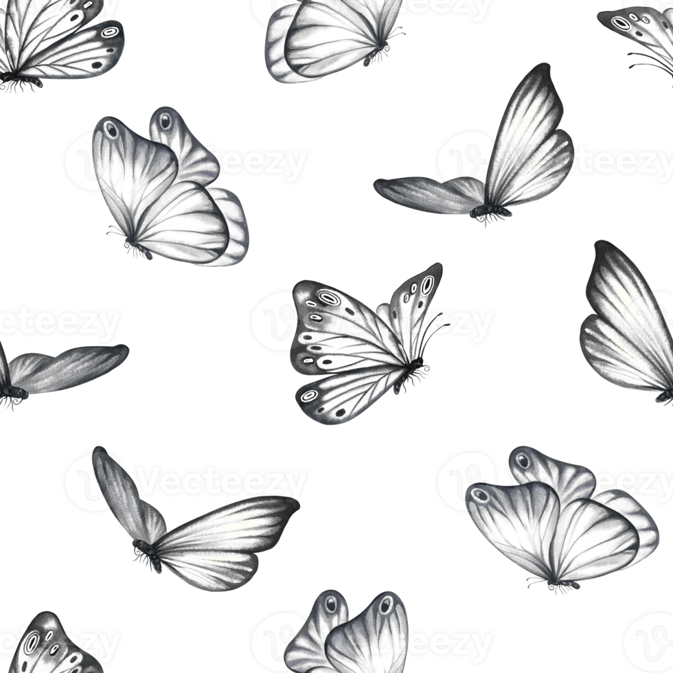 Seamless pattern with grey flying butterflies. A hand-drawn watercolor illustration. For textiles, wallpapers and backgrounds. For packaging paper and labels, printing. For packaging and decoration. png