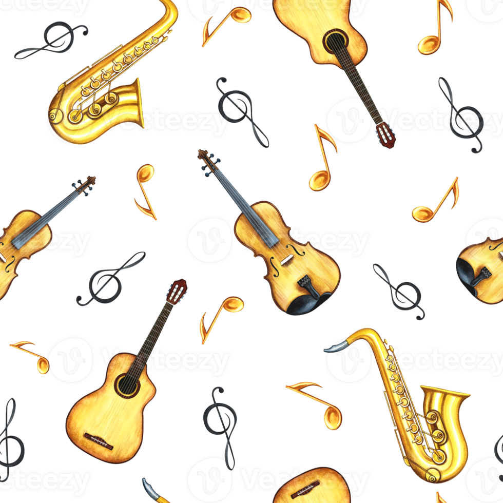 A musical seamless pattern with guitars, violins, saxophones and sheet music. The watercolor illustration is made by hand. For textiles, packaging paper, printing and more. png