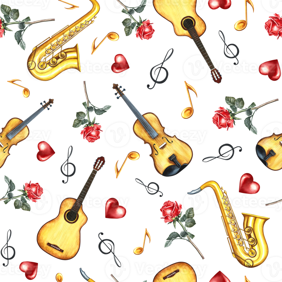 Musical seamless pattern with musical instruments, guitars, violins and saxophones, notes and colors. The watercolor illustration is made by hand. For textiles, packaging paper, printing and more. png