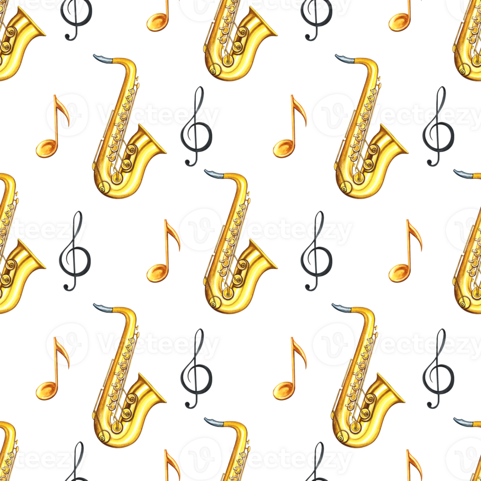 Musical seamless pattern with saxophones and notes. The watercolor illustration is made by hand. For textiles, packaging paper, printing and more. png
