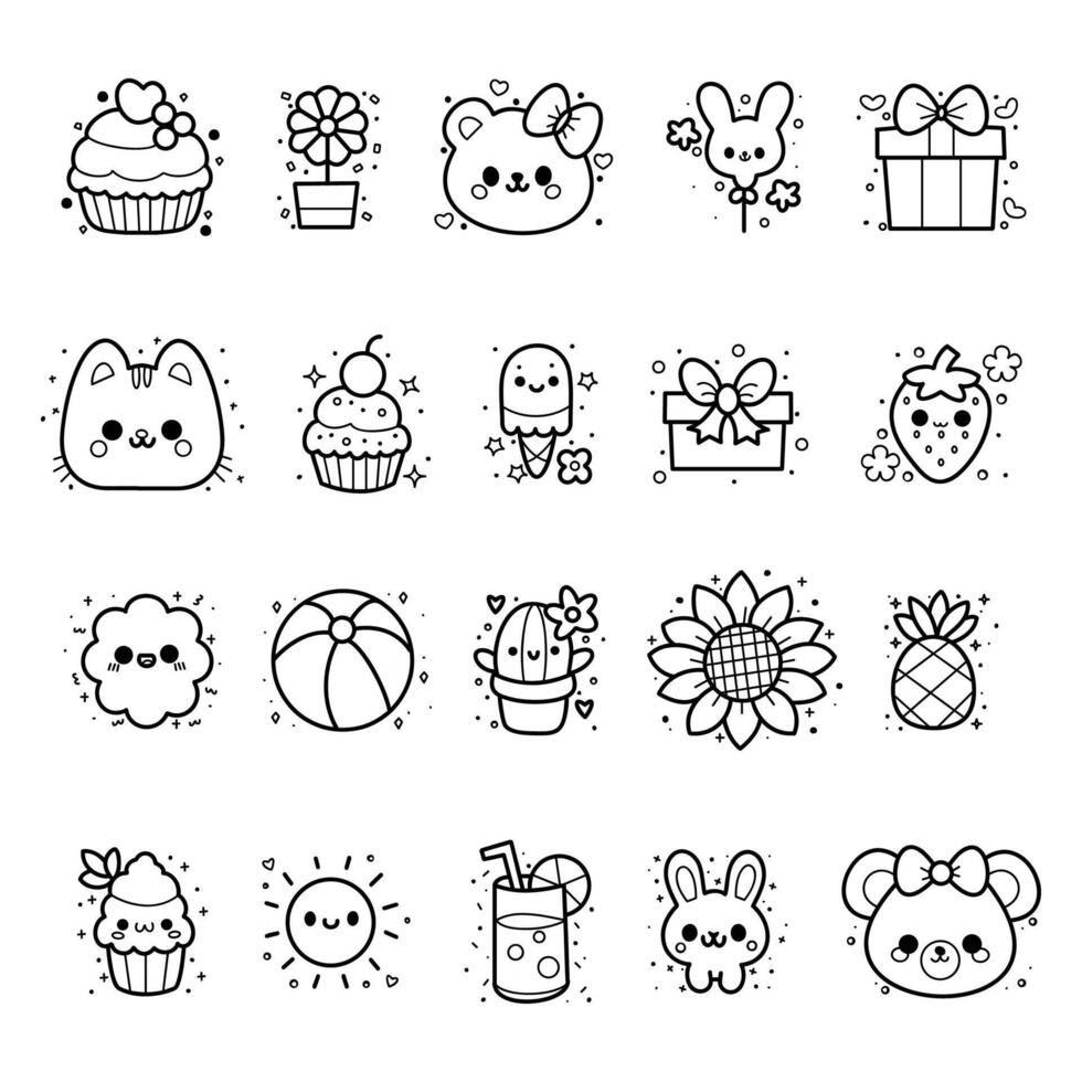 Set of Cute and cheerful doodle icons and elements for sticker, planner, scrapbook and kid products. vector