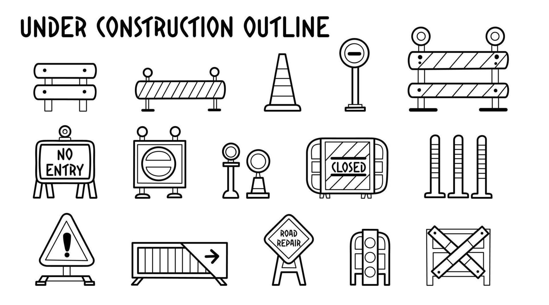 Under construction outline icons set, variety of symbols for construction and roadworks, simple line art style and illustration. vector