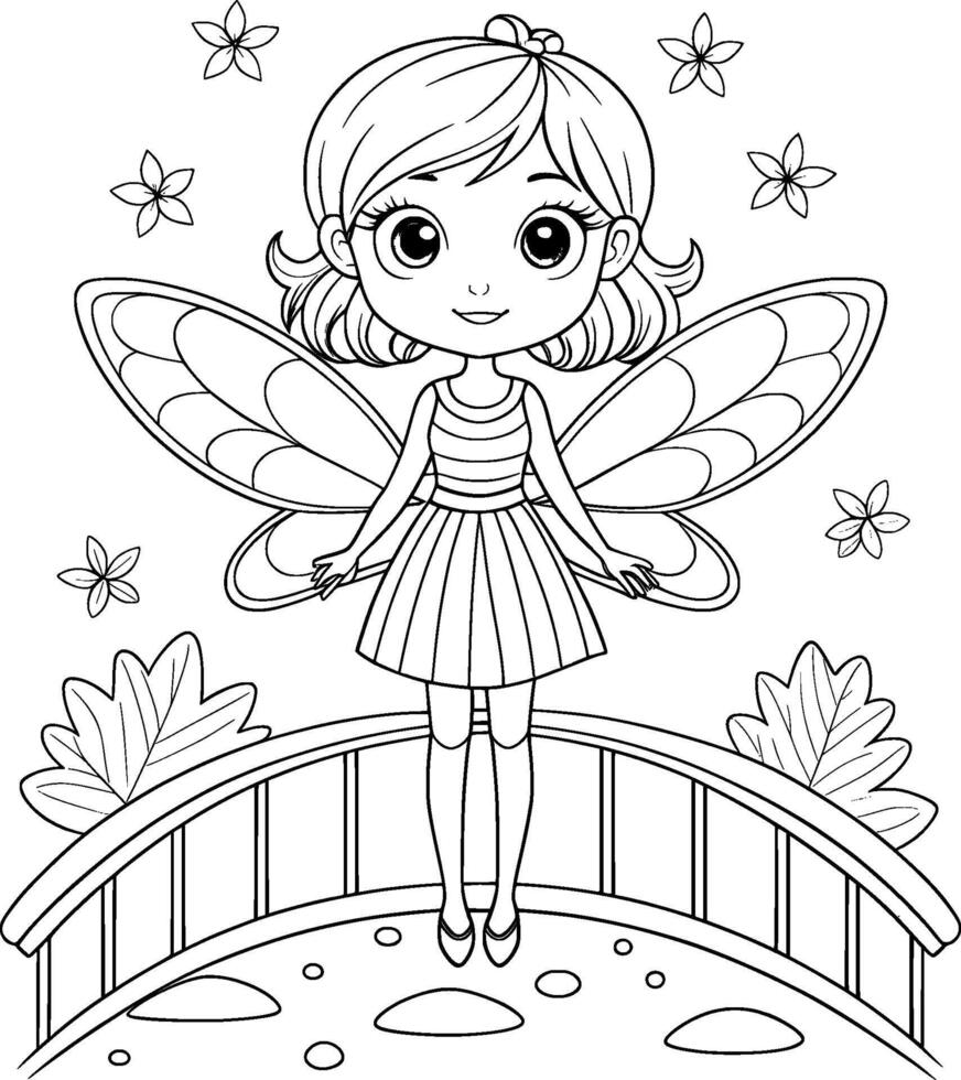 Coloring Page for Kids - Fairy on a Magical Bridge - Black and White Line Art vector