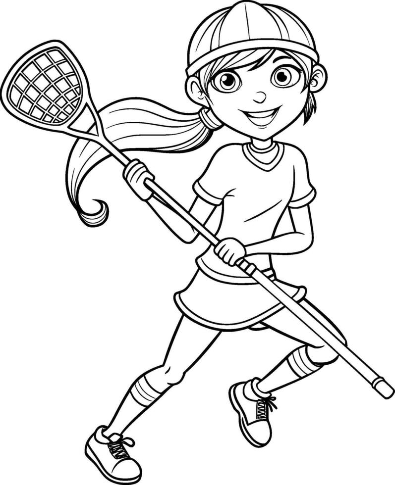 Coloring Page for Kids - Teenage Girl Lacrosse - Black and White Line Art vector