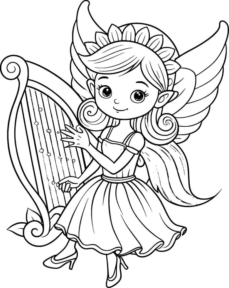 Coloring Page for Kids - Fairy Playing a Harp - Black and White Line Art vector