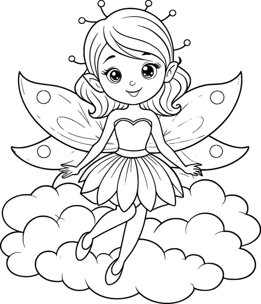 Coloring Page for Kids - Fairy on a Cloud - Black and White Line Art vector