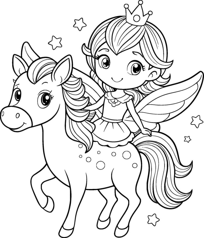 Coloring Page for Kids - Fairy with a Unicorn - Black and White Line Art vector