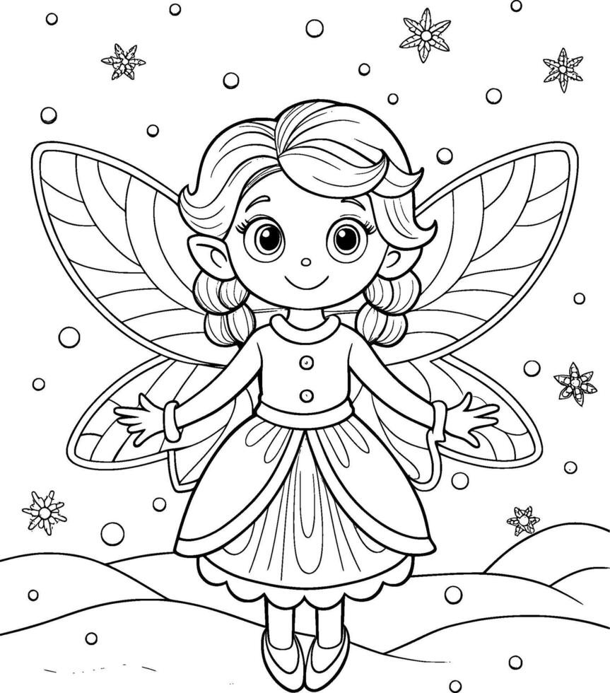 Coloring Page for Kids - Fairy in the Snow - Black and White Line Art vector