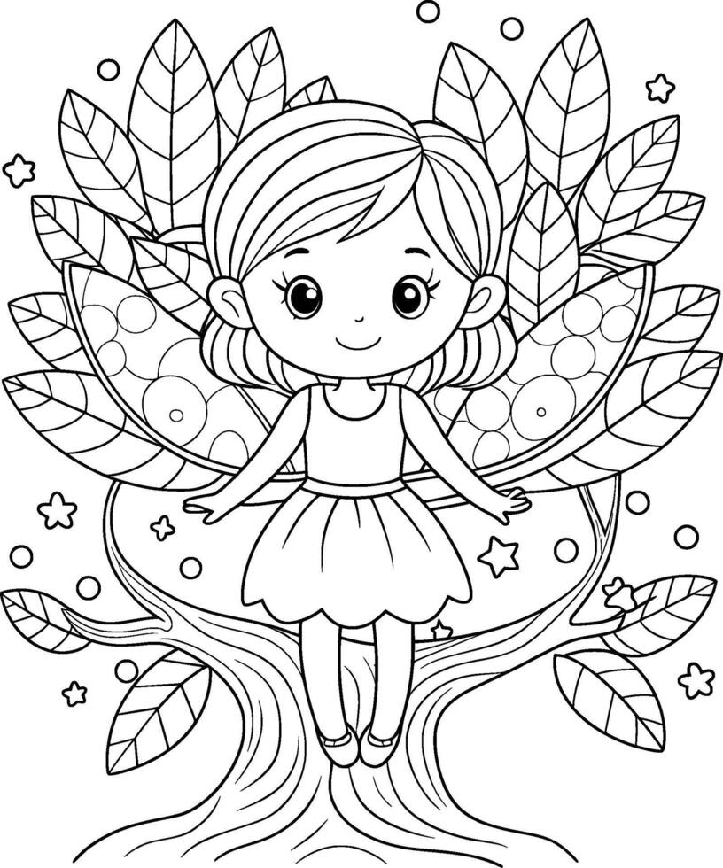Coloring Page for Kids - Fairy in a Tree - Black and White Line Art vector